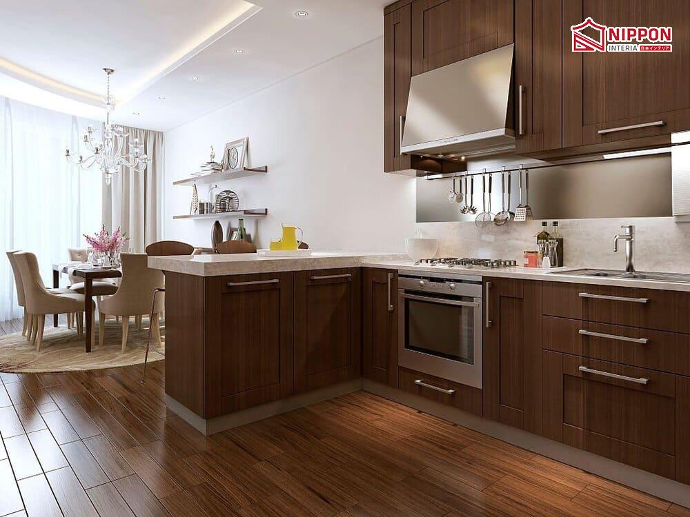 Tủ bếp cho nhà chung cư bằng gỗ tự nhiên