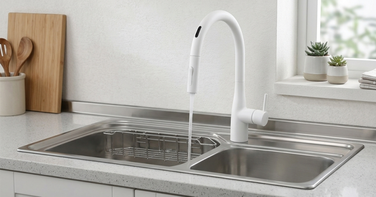 Vòi rửa bát KVK phiên bản màu nhám lắp trong không gian bếp hiện đại