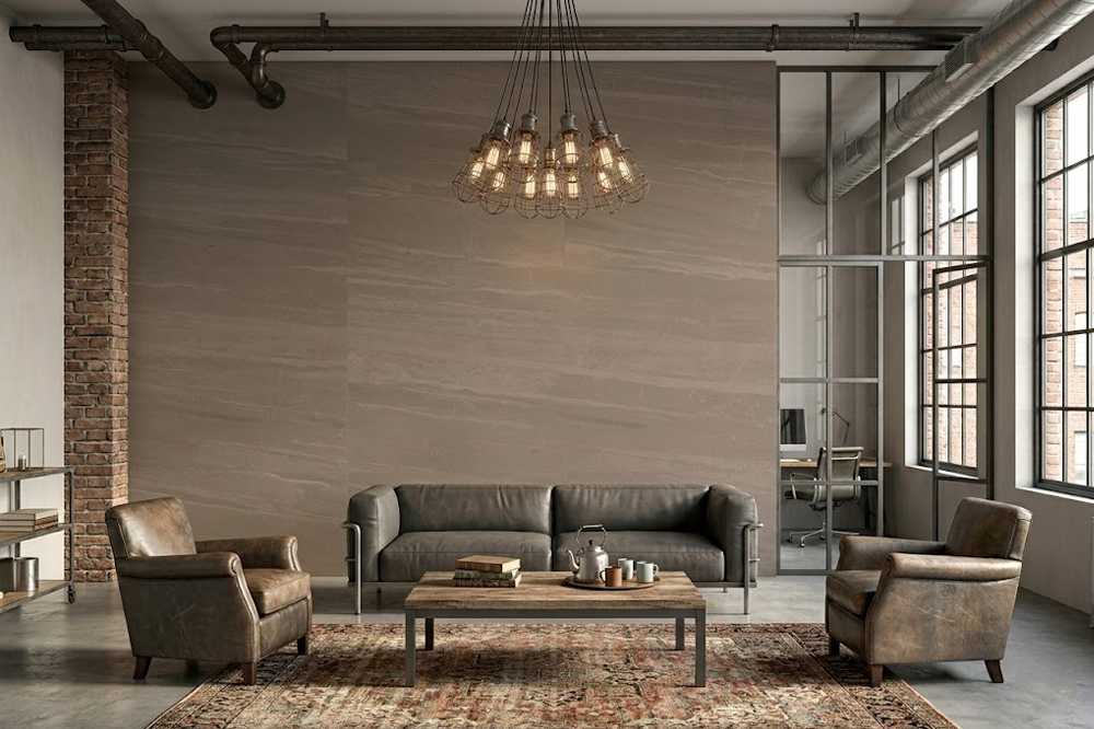 Ứng dụng vật liệu Emawall trong phòng khách mang đậm dấu ấn phong cách công nghiệp.