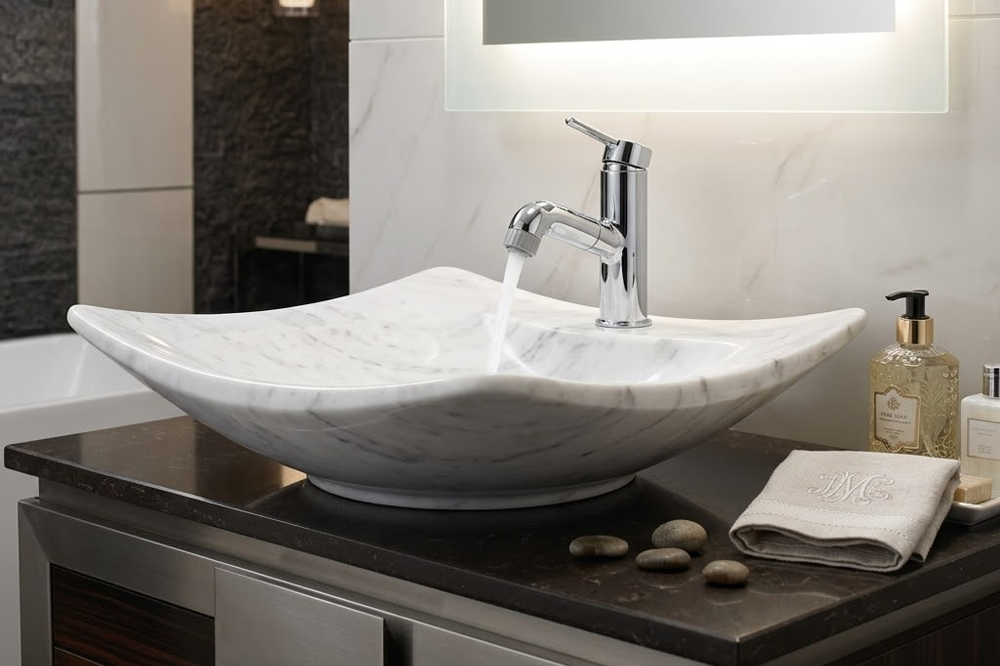 Mẫu vòi lavabo KVK FSL210DEFT trong không gian phòng tắm hiện đại.